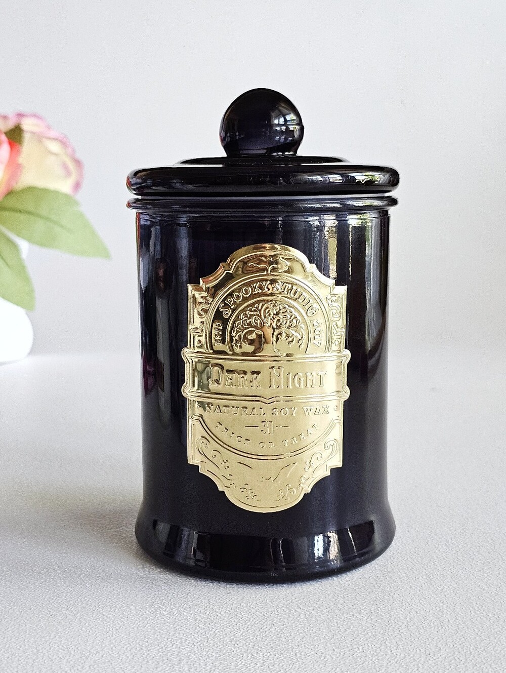 Spooky Studio Dark Night Mahogany Teakwood Natural Soy Wax Candle 17oz Black Jar